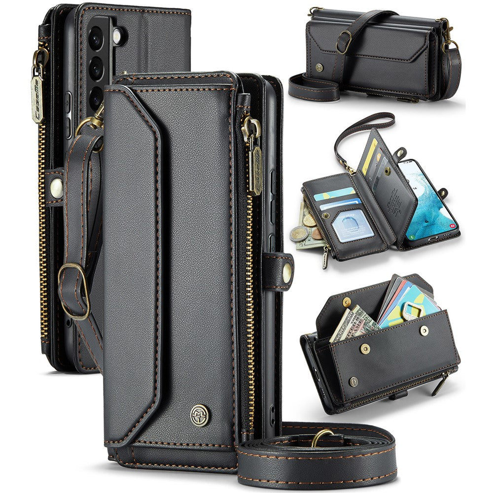 For Samsung Galaxy S22 5G Leather Case CASEME C36 Zipper Multiple Card Slots Phone Cover with Straps - TechGearPal