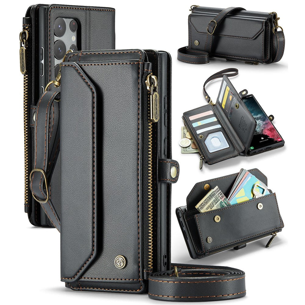 For Samsung Galaxy S22 Ultra 5G Leather Case CASEME C36 Zipper Multiple Card Slots Phone Cover with Straps - TechGearPal