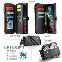 For Samsung Galaxy S22 Ultra 5G Leather Case CASEME C36 Zipper Multiple Card Slots Phone Cover with Straps