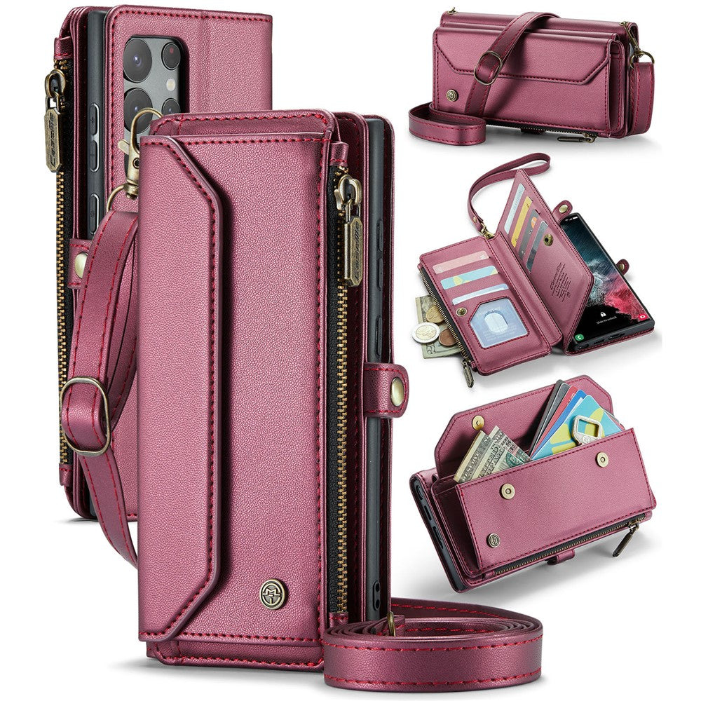 For Samsung Galaxy S22 Ultra 5G Leather Case CASEME C36 Zipper Multiple Card Slots Phone Cover with Straps
