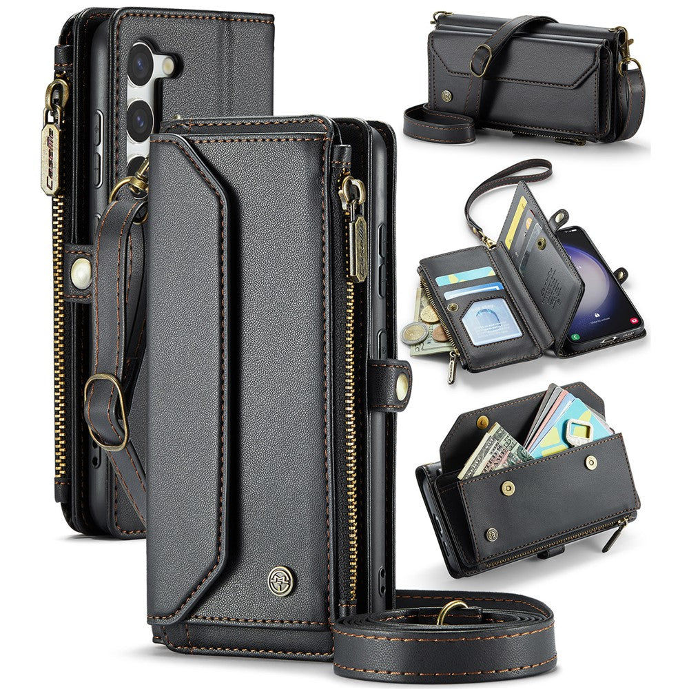 For Samsung Galaxy S23 Leather Case CASEME C36 Zipper Multiple Card Slots Phone Cover with Straps - TechGearPal