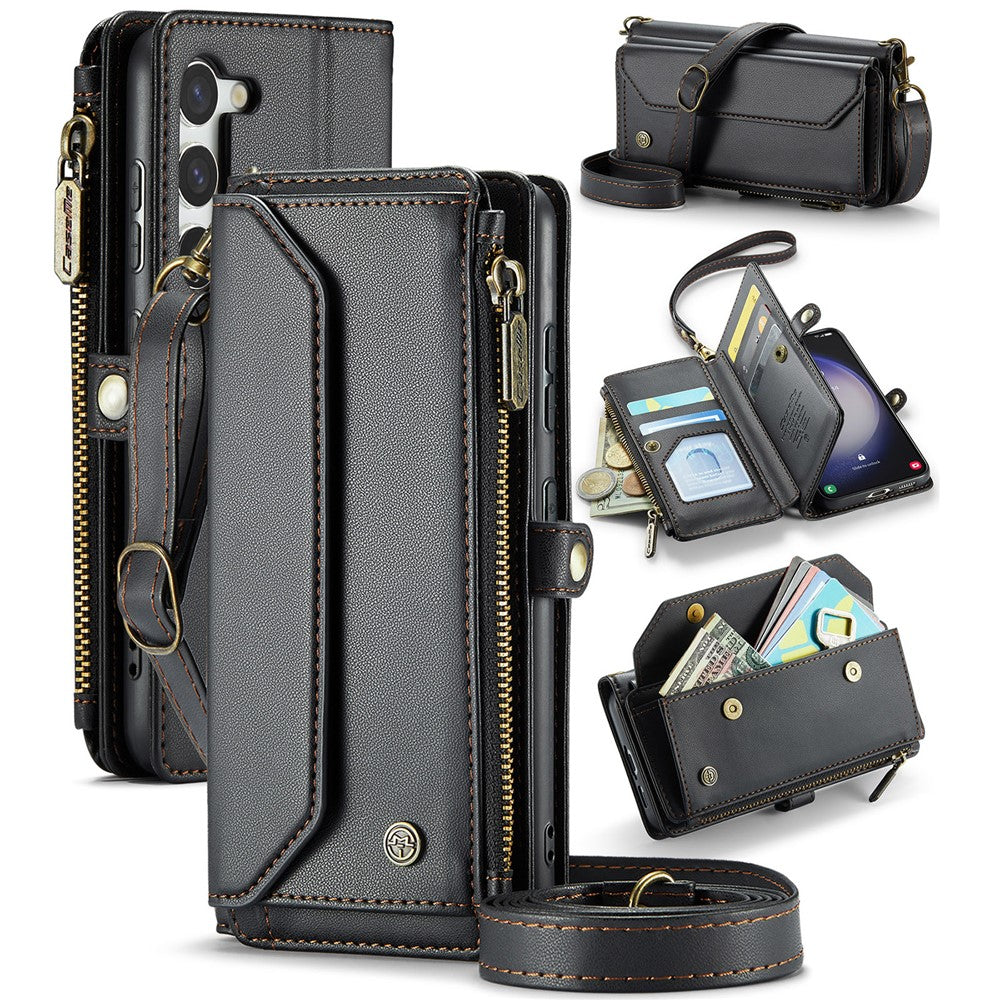 For Samsung Galaxy S23+ Leather Case CASEME C36 Zipper Multiple Card Slots Phone Cover with Straps - TechGearPal