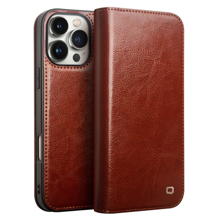 QIALINO For iPhone 16 Pro Case Genuine Cow Leather Phone Cover with Card Holder - TechGearPal