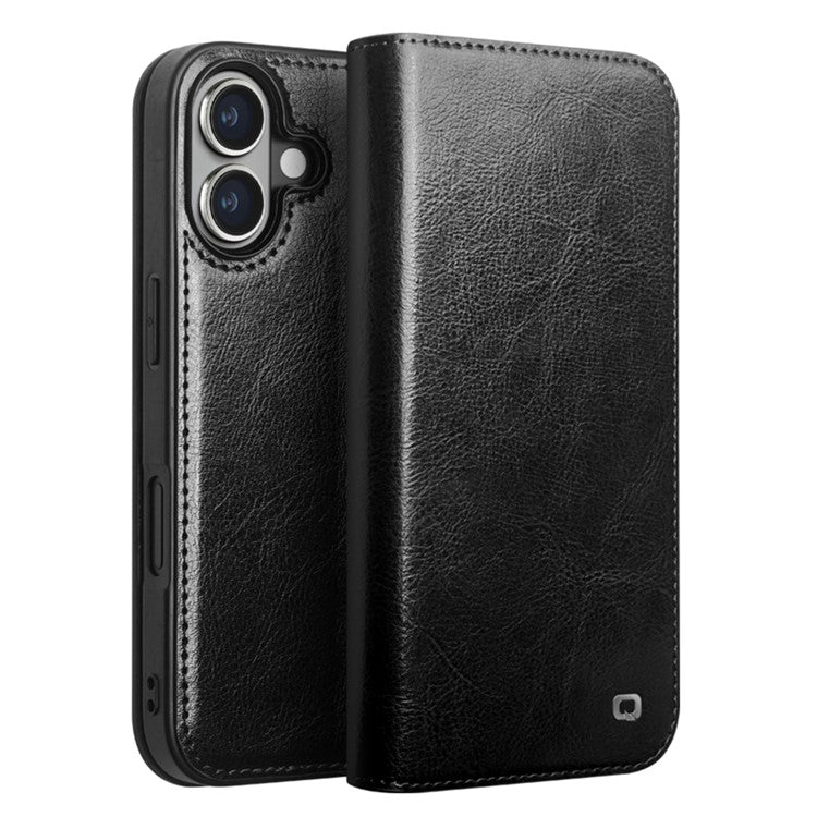QIALINO For iPhone 16 Case Genuine Cow Leather Card Holder Stand Flip Phone Cover - TechGearPal