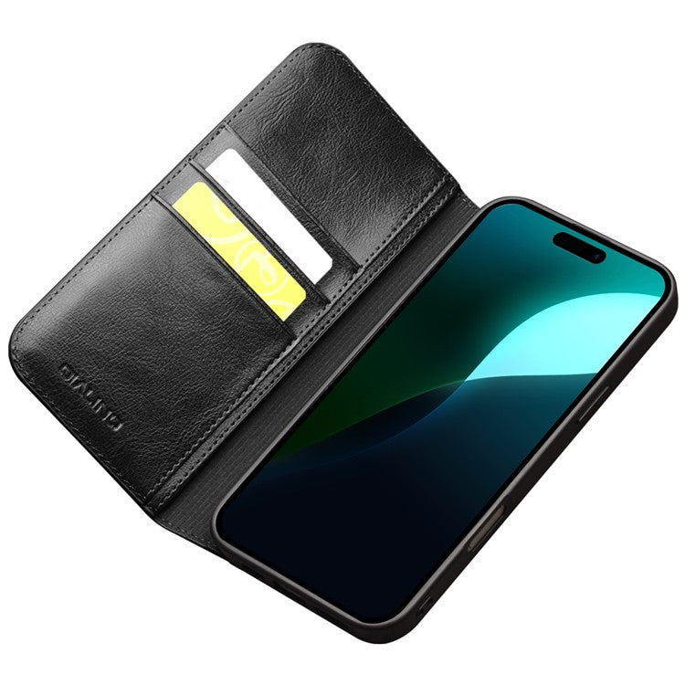 QIALINO For iPhone 16 Case Genuine Cow Leather Card Holder Stand Flip Phone Cover - TechGearPal