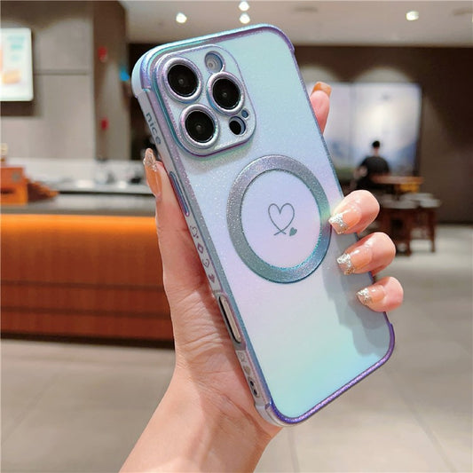 For iPhone 16 Pro Max Magnetic Case Soft TPU Phone Cover Love Heart Pattern Iridescent Gradien