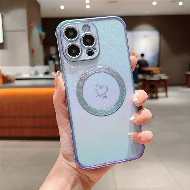 For iPhone 16 Pro Max Magnetic Case Soft TPU Phone Cover Love Heart Pattern Iridescent Gradien