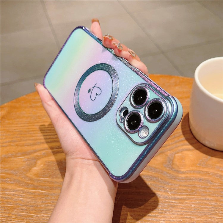 For iPhone 16 Pro Max Magnetic Case Soft TPU Phone Cover Love Heart Pattern Iridescent Gradien
