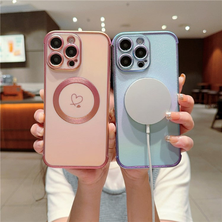 For iPhone 16 Pro Max Magnetic Case Soft TPU Phone Cover Love Heart Pattern Iridescent Gradien