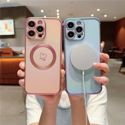 For iPhone 16 Pro Max Magnetic Case Soft TPU Phone Cover Love Heart Pattern Iridescent Gradien