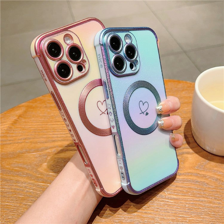 For iPhone 16 Pro Max Magnetic Case Soft TPU Phone Cover Love Heart Pattern Iridescent Gradien