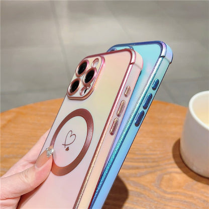 For iPhone 16 Pro Max Magnetic Case Soft TPU Phone Cover Love Heart Pattern Iridescent Gradien