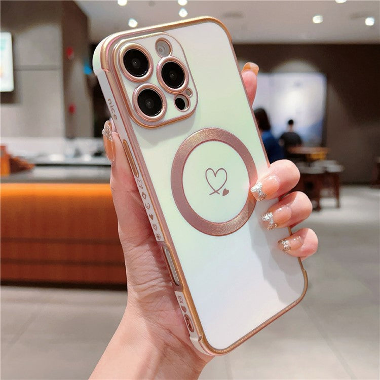 For iPhone 16 Pro Max Magnetic Case Soft TPU Phone Cover Love Heart Pattern Iridescent Gradien