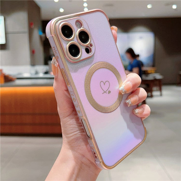 For iPhone 16 Pro Max Magnetic Case Soft TPU Phone Cover Love Heart Pattern Iridescent Gradien