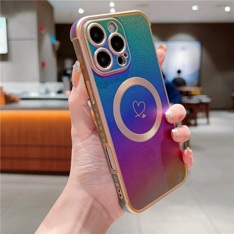 For iPhone 16 Pro Max Magnetic Case Soft TPU Phone Cover Love Heart Pattern Iridescent Gradien