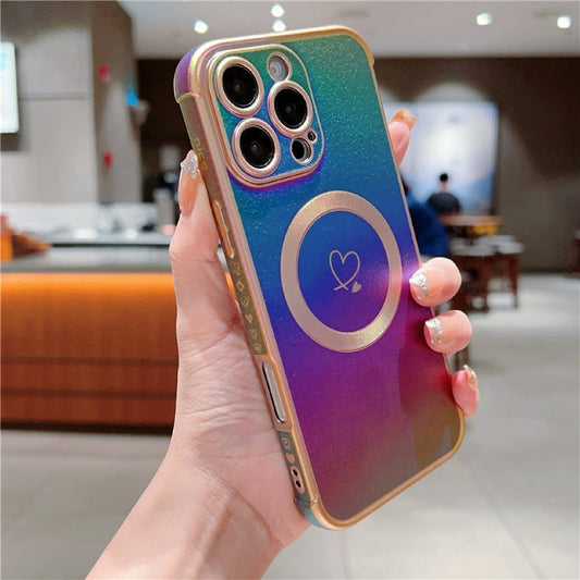 For iPhone 16 Pro Max Magnetic Case Soft TPU Phone Cover Love Heart Pattern Iridescent Gradien