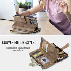For iPhone 16 Pro Max Phone Cases with Strap CASEME C30 Zipper Multiple Card Holder PU Leather Cover
