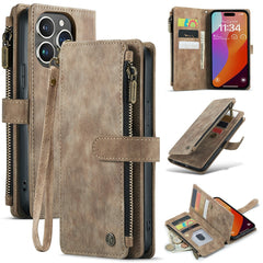 For iPhone 16 Pro Max Phone Cases with Strap CASEME C30 Zipper Multiple Card Holder PU Leather Cover