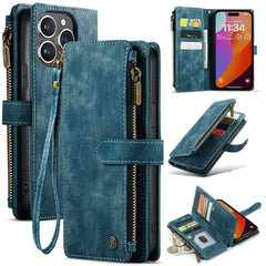 For iPhone 16 Pro Max Phone Cases with Strap CASEME C30 Zipper Multiple Card Holder PU Leather Cover