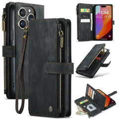 For iPhone 16 Pro Max Phone Cases with Strap CASEME C30 Zipper Multiple Card Holder PU Leather Cover