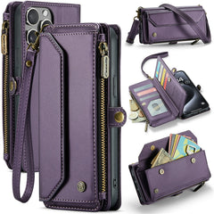 For iPhone 16 Pro Max Leather Case CASEME C36 Zipper Multiple Card Slots Phone Cover with Straps