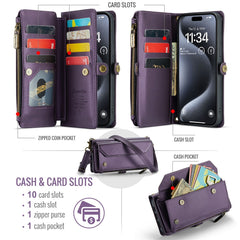For iPhone 16 Pro Max Leather Case CASEME C36 Zipper Multiple Card Slots Phone Cover with Straps