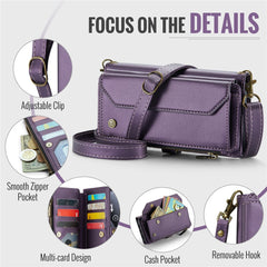 For iPhone 16 Pro Max Leather Case CASEME C36 Zipper Multiple Card Slots Phone Cover with Straps