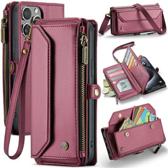 For iPhone 16 Pro Max Leather Case CASEME C36 Zipper Multiple Card Slots Phone Cover with Straps