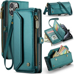 For iPhone 16 Pro Max Leather Case CASEME C36 Zipper Multiple Card Slots Phone Cover with Straps