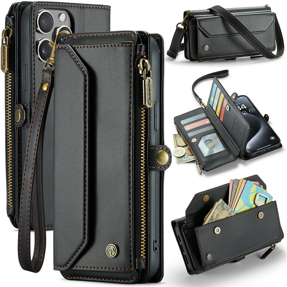 For iPhone 16 Pro Max Leather Case CASEME C36 Zipper Multiple Card Slots Phone Cover with Straps