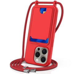 For iPhone 16 Pro Case Liquid Silicone Card Holder Phone Back Cover with Lanyard