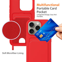 For iPhone 16 Pro Case Liquid Silicone Card Holder Phone Back Cover with Lanyard