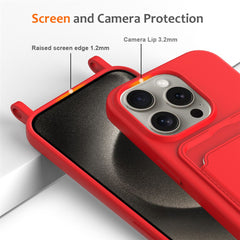 For iPhone 16 Pro Case Liquid Silicone Card Holder Phone Back Cover with Lanyard