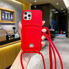 For iPhone 16 Pro Case Liquid Silicone Card Holder Phone Back Cover with Lanyard