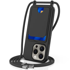 For iPhone 16 Pro Case Liquid Silicone Card Holder Phone Back Cover with Lanyard