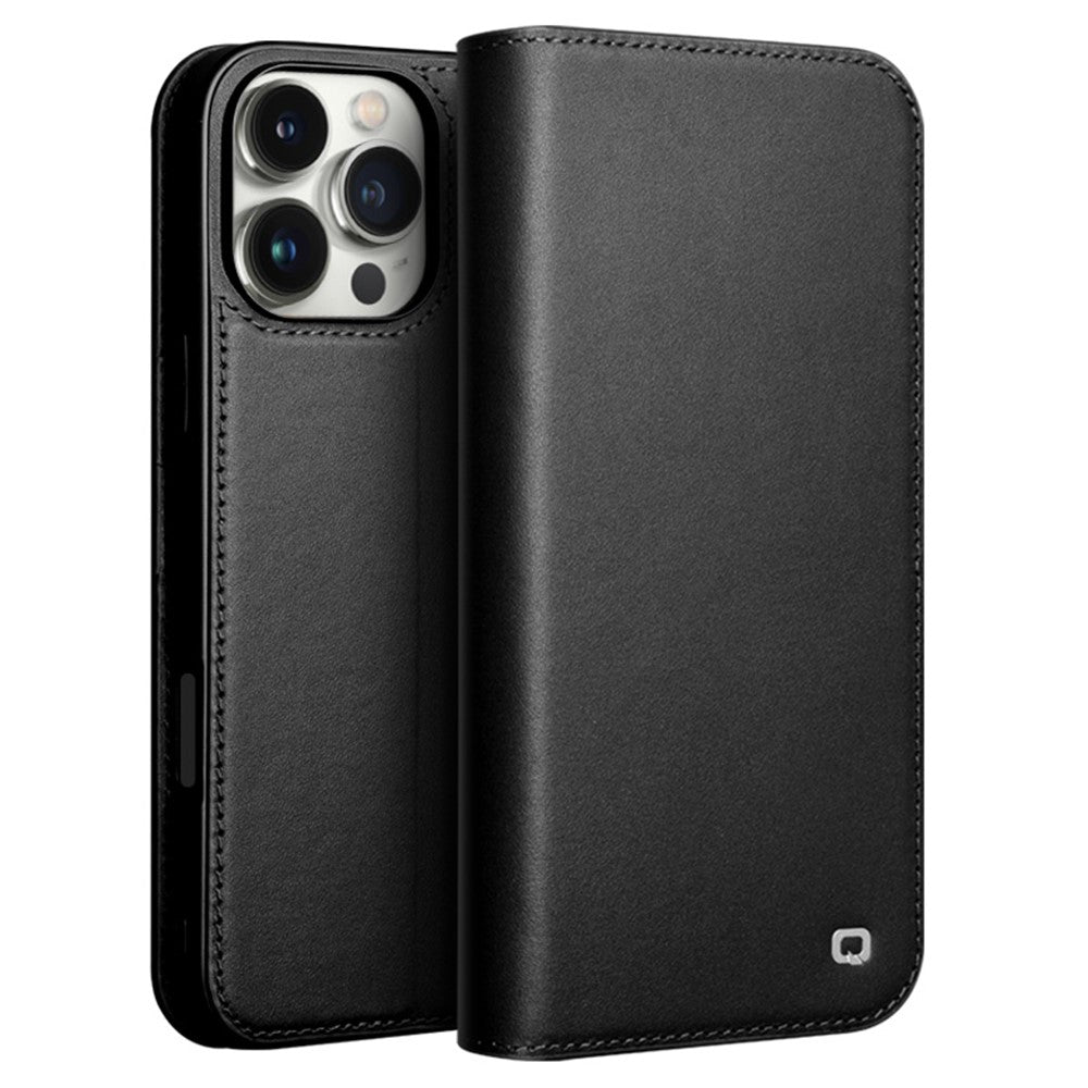 QIALINO For iPhone 16 Pro Stand Case Anti-Drop Genuine Cow Leather Wallet Phone Cover