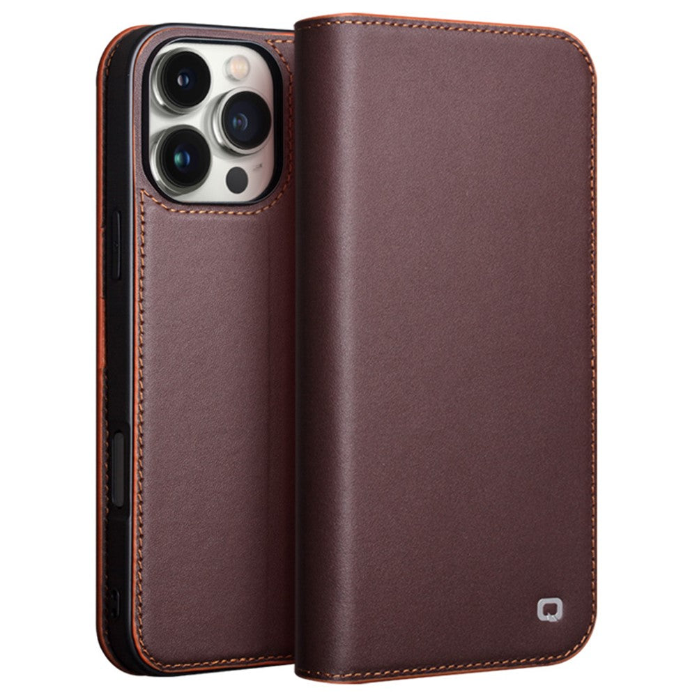 QIALINO For iPhone 16 Pro Stand Case Anti-Drop Genuine Cow Leather Wallet Phone Cover