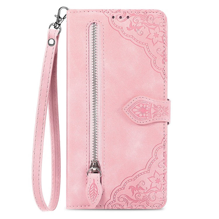 For iPhone 16 Pro Max Zipper Wallet Case with Strap Flower Imprint PU Leather Phone Cover - TechGearPal