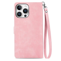 For iPhone 16 Pro Max Zipper Wallet Case with Strap Flower Imprint PU Leather Phone Cover - TechGearPal