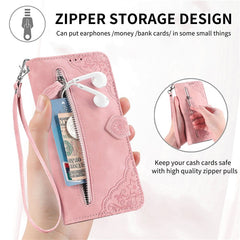 For iPhone 16 Pro Max Zipper Wallet Case with Strap Flower Imprint PU Leather Phone Cover - TechGearPal