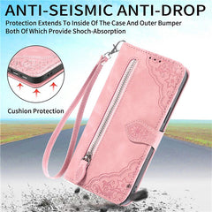 For iPhone 16 Pro Max Zipper Wallet Case with Strap Flower Imprint PU Leather Phone Cover - TechGearPal