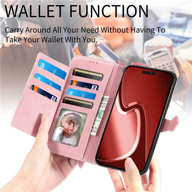 For iPhone 16 Pro Max Zipper Wallet Case with Strap Flower Imprint PU Leather Phone Cover - TechGearPal
