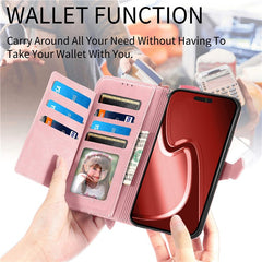 For iPhone 16 Pro Max Zipper Wallet Case with Strap Flower Imprint PU Leather Phone Cover - TechGearPal