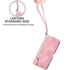 For iPhone 16 Pro Max Zipper Wallet Case with Strap Flower Imprint PU Leather Phone Cover - TechGearPal