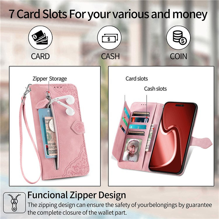For iPhone 16 Pro Max Zipper Wallet Case with Strap Flower Imprint PU Leather Phone Cover - TechGearPal