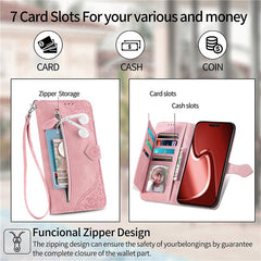 For iPhone 16 Pro Max Zipper Wallet Case with Strap Flower Imprint PU Leather Phone Cover - TechGearPal