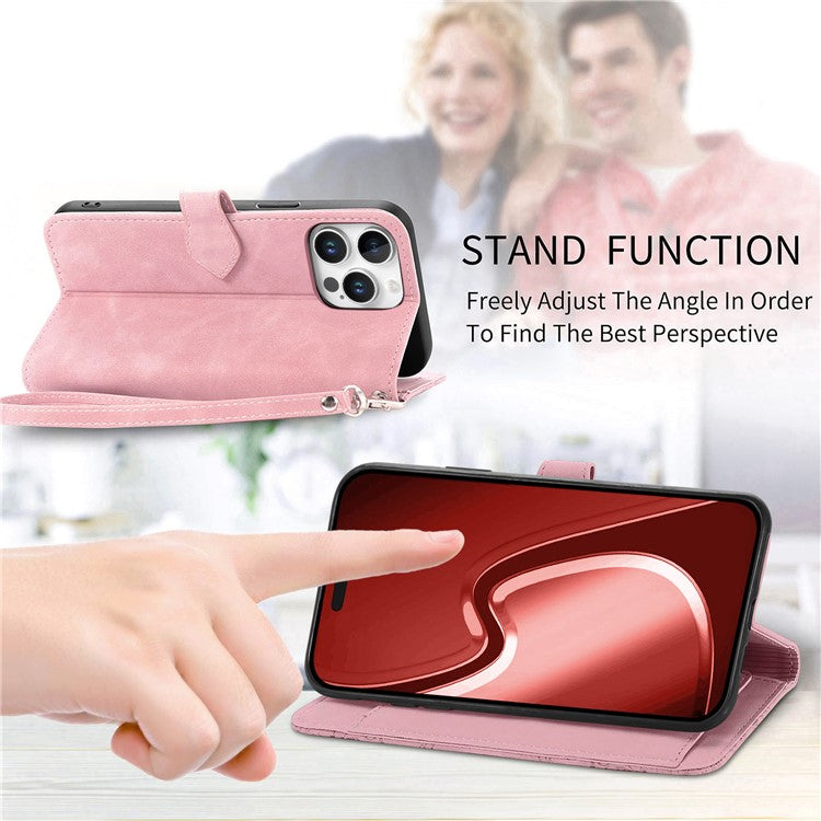 For iPhone 16 Pro Max Zipper Wallet Case with Strap Flower Imprint PU Leather Phone Cover - TechGearPal