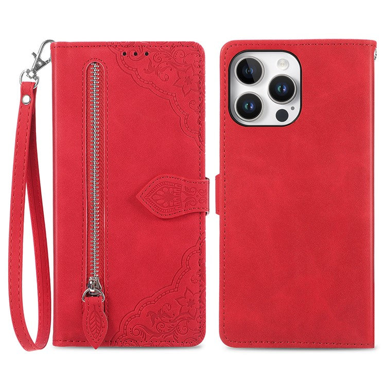 For iPhone 16 Pro Max Zipper Wallet Case with Strap Flower Imprint PU Leather Phone Cover - TechGearPal