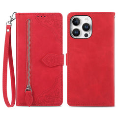 For iPhone 16 Pro Max Zipper Wallet Case with Strap Flower Imprint PU Leather Phone Cover - TechGearPal
