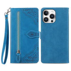 For iPhone 16 Pro Max Zipper Wallet Case with Strap Flower Imprint PU Leather Phone Cover - TechGearPal